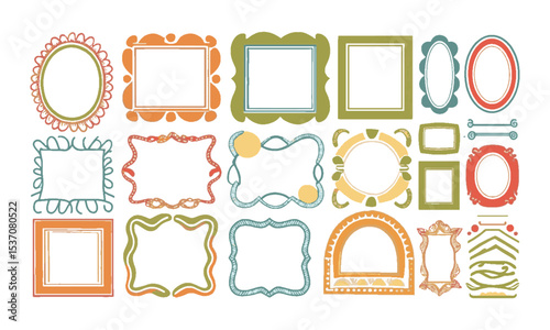 Vector illustration featuring a diverse collection of decorative frames in various shapes and playful styles, rectangles, squares, ovals, and arched frames with whimsical borders, easily editable.