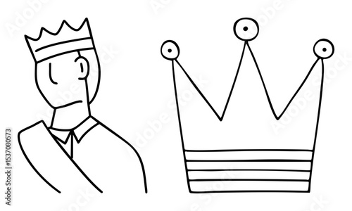 Vector King portrait with separate crown in linear style.