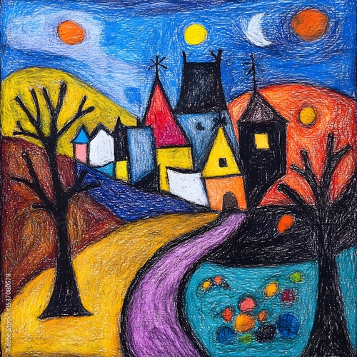 Vibrant Colorful Village Landscape Painting