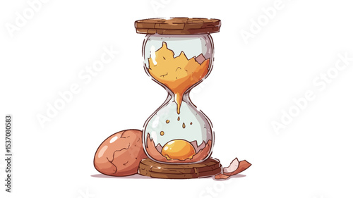 A digital illustration depicting a stylized hourglass shaped like an egg. The top bulb is filled with yellow yolk-like substance, which is slowly flowing into the bottom bulb