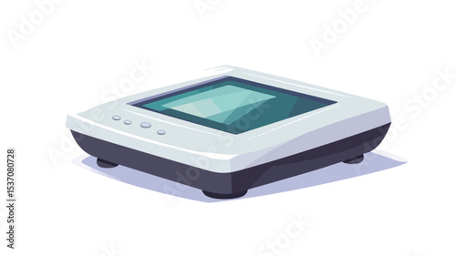 Isometric illustration of a small, rectangular electronic device. The device is primarily white with dark gray base and features a teal-colored screen.