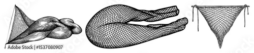 Vector Three distinct fishing nets are illustrated in a vintage engraving style.