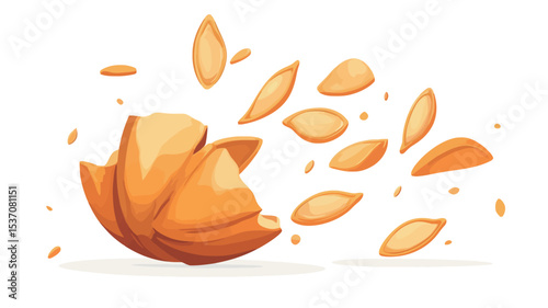 Digital illustration of an orange orb shattering into numerous smaller, similarly colored, irregularly shaped fragments. The fragments are dispersed around the main orb, creating a sense of motion