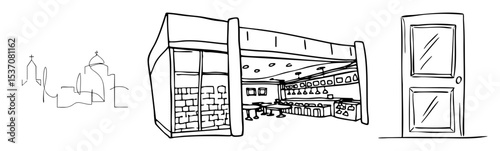 Vector Urban scene featuring buildings a cafe and a doorway.