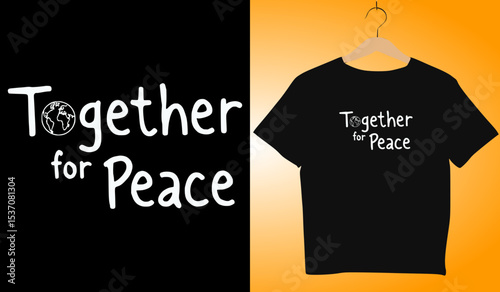 Together for Peace T-Shirt Design: White Text Logo with Earth Graphic on Black Shirt, Social Justice Apparel, Activism Clothing Mockup