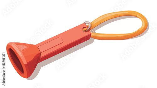 Close-up shot of a small, orange plastic flashlight keychain. The flashlight has a conical shape with a slightly wider base.  It is attached to a yellow rubber or plastic loop, forming a key ring.