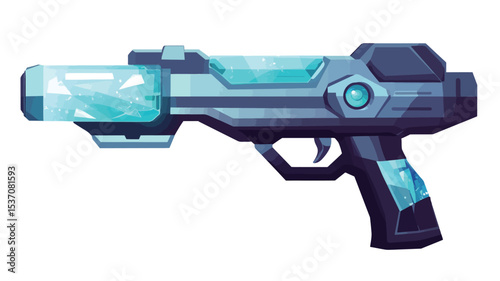 A digital illustration of a futuristic energy weapon. The weapon is depicted in a cartoonish style with a predominantly gray and blue color scheme.  The weapon features a barrel with a visible
