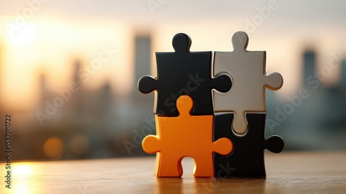 Three interlocking puzzle pieces, black and orange, stacked vertically on a table with a blurred city skyline at sunset in the background, symbolizing solutions and completion