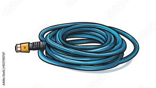 A digital illustration depicting a coiled blue garden hose with a yellow connector at one end. The hose is neatly arranged in a circular pattern. The background is plain white. T