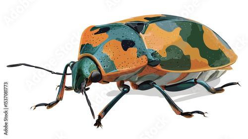 A detailed close-up illustration of an insect featuring a vibrant camouflage pattern of orange, green, and blue. The insect is depicted against a pure white background, creating a sharp contrast