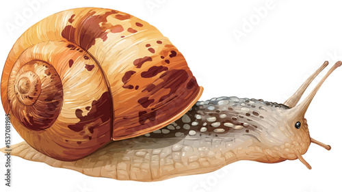 A detailed close-up shot of a snail. The snail's shell is predominantly brown and beige with irregular brown markings. The shell has a visible spiral pattern and a textured surface. The snail's