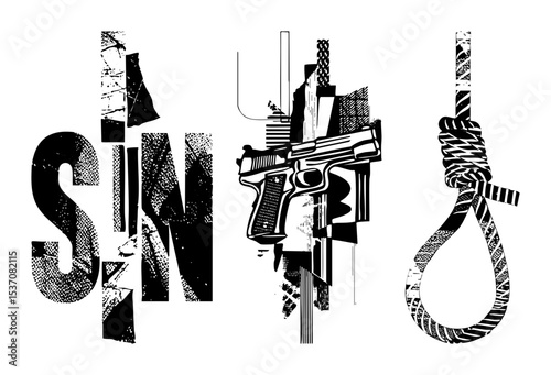 Vector Dark vector featuring the word SIN with gun and noose elements.