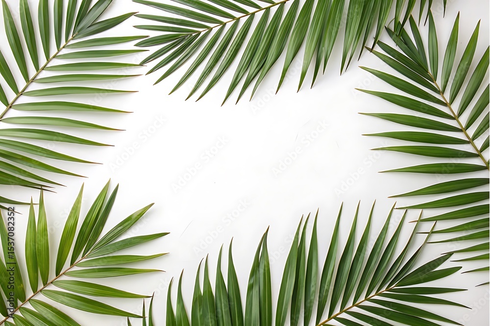 Fototapeta premium Green Palm Leaves Frame on White Background for Summer Concept