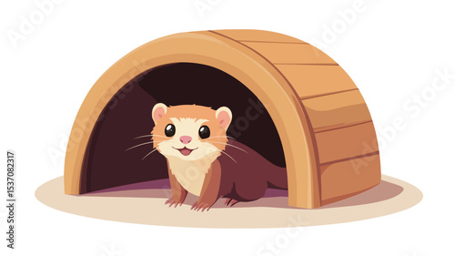 A digital illustration depicting a cartoon ferret sitting inside a small, half-round wooden pet house. The ferret is light brown and white with dark eyes and a happy expression. 