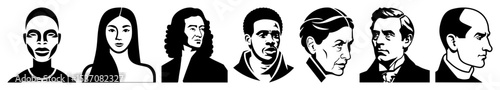 Vector Diverse group of stylized portrait illustrations in monochrome.