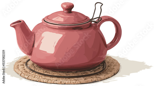 A close-up studio shot of a pink ceramic teapot resting on a round woven coaster. The teapot has a slightly rounded body, a domed lid with a small knob, and a curved handle. A metal tea infuser is
