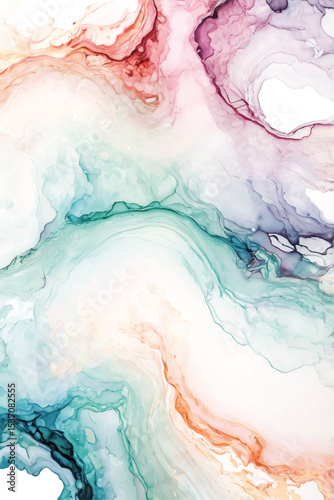 Alcohol ink painting. Abstract paint blots background. Alcohol ink ultramarine, pink, orange colors. Marble texture. Vertical banner.