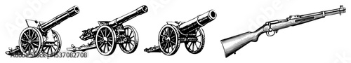 Vector Vintage artillery cannons and a rifle are depicted in a detailed sketch.
