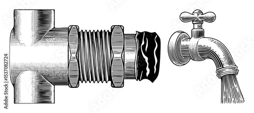 Vector Detailed of a plumbing connection with a faucet.