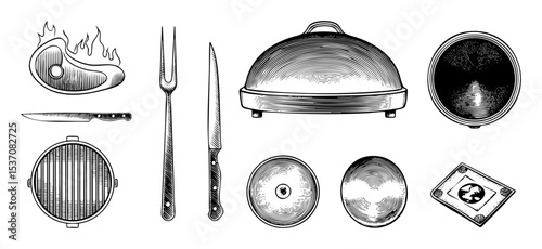Vector Vintage grilling tools and equipment set.