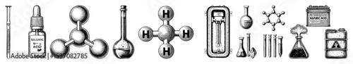 Vector Vintage chemistry equipment features flasks bottles and tools.