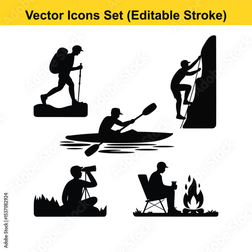 Outdoor Adventure Activities Solid Vector Icon Set - Editable Stroke
