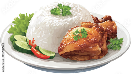 A high-angle, close-up studio shot depicts a plate of food containing a mound of white rice topped with parsley, a portion of roasted chicken, and a side of sliced cucumbers and chili peppers.