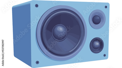 A digital illustration of a light blue cube-shaped speaker. The speaker features a large central woofer, a smaller tweeter, and a midrange speaker.  The illustration is highly stylized, 
