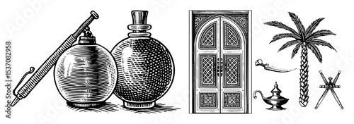 Vector Vintage Middle Eastern artifacts including pottery weaponry and architectural elements are displayed in a woodcut style.