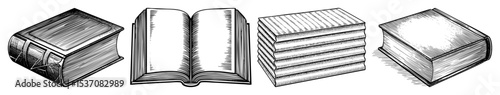 Vector Four perspectives of detailed illustrated books showcase classic literary .