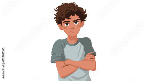 A digital illustration of a teenage boy with brown curly hair. He is shown from the chest up against a plain white background.  His arms are crossed, and he has an angry or frustrated facial