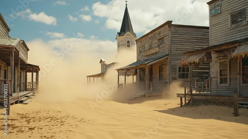 Abandoned Wild West Town Street with Dust Blowing and Church in Background