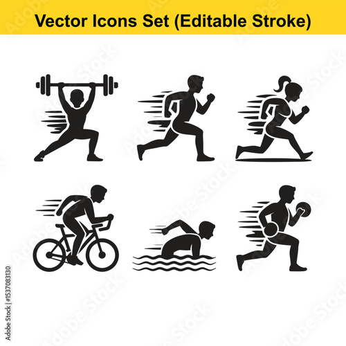 Fitness and Sports Solid Vector Icon Set - Editable Stroke Dynamic Activities