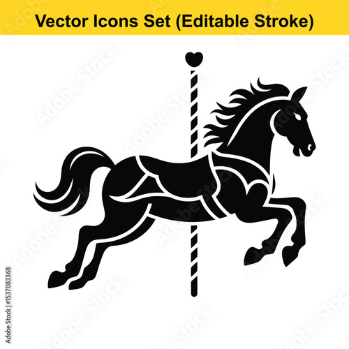 Carousel Horse Solid Vector Icon - Merry-Go-Round Amusement Symbol