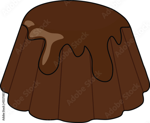 A rich and creamy chocolate pudding with a smooth, glossy chocolate topping dripping down the sides. The dessert is shaped in a classic mold, making it look delicious and appealing