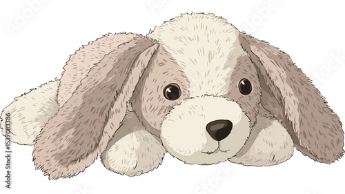 A digital illustration of a plush toy puppy. The puppy is lying down and is predominantly beige and white in color.  It has large, floppy ears, dark eyes, and a small, dark nose. The fur appears
