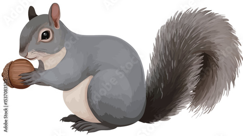 A digital illustration of a gray squirrel sitting and holding a nut in its paws. The squirrel is depicted in a realistic style with detailed fur, showcasing variations in shades of gray