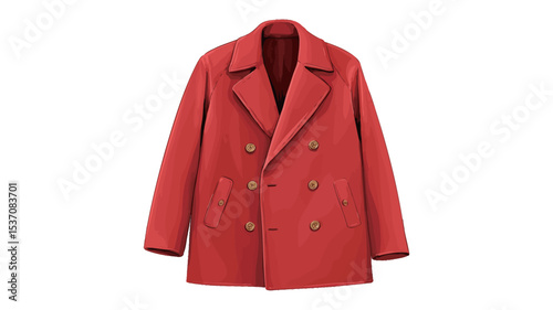 Studio shot of a red double-breasted peacoat. The coat is shown on a white background and is laid flat.  It is a mid-length coat with large buttons, visible pockets, and a notched collar