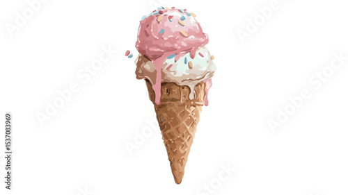 A watercolor illustration depicting a double scoop ice cream cone. The top scoop is pink, the bottom scoop is vanilla, and both are adorned with white sprinkles.  The ice cream is slightly melting,