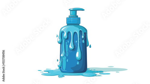 A cartoon illustration of a blue liquid soap bottle with a pump dispenser. The bottle is depicted with blue liquid dripping down its sides and a small puddle of liquid spilled on the surface below.