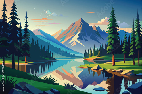 Tropical island landscape with palm trees and a serene lake reflecting the sunset sky