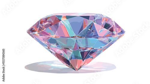 A digital rendering of a gemstone, possibly a diamond, exhibiting strong iridescence.  The gemstone is faceted and displays a range of pastel colors including pink, purple, blue