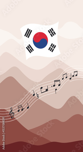 The South Korean flag flying in the air with a bright and clear sky as a backdrop. The flag features the red and blue symbol of the country in the center, with black trigrams on each corner.
