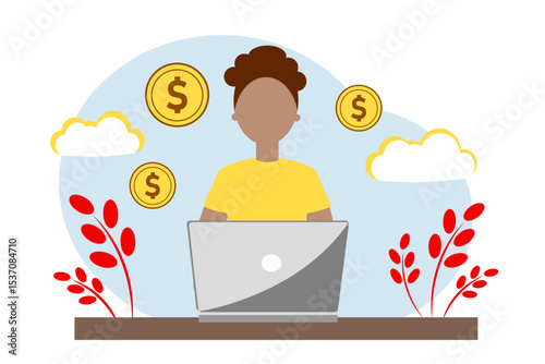 Dark-skinned girl sitting at desk with laptop and working. Making money at home, freelancing