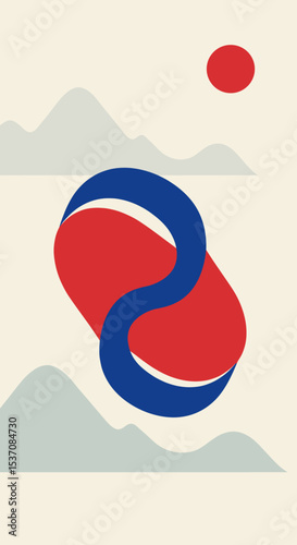 A stylized, intertwining red and blue shapes representing the unity between two elements, likely referring to South Korea's flag or a similar symbolic design.