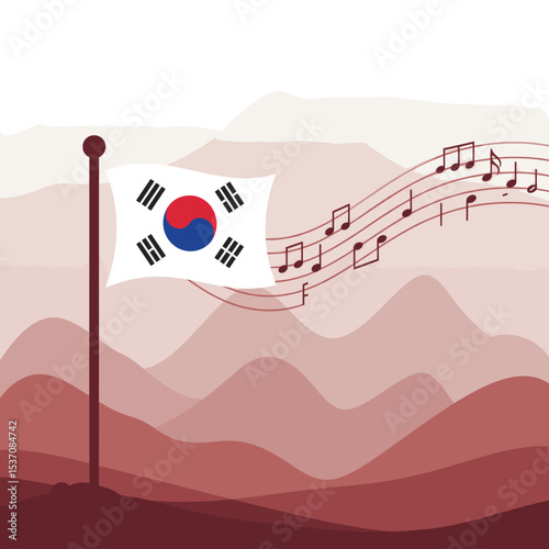 The flag of South Korea is depicted with music notes flowing from it, symbolizing harmony and culture.