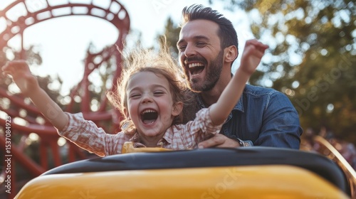 Fototapeta Naklejka Na Ścianę i Meble -  Thrilled father and daughter ride a yellow roller coaster with arms raised in joyful excitement