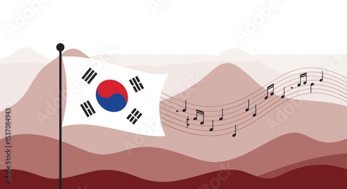 The flag of South Korea is depicted with music notes flowing from it, symbolizing harmony and culture.