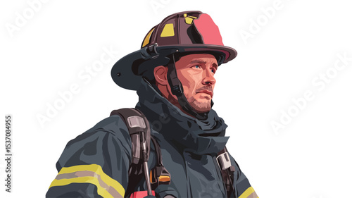 A close-up, stylized illustration of a male firefighter's face and upper body. The illustration shows a detailed depiction of the firefighter's helmet, uniform, and protective gear, with a focus on