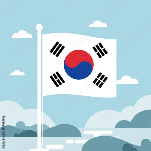 A clear blue sky background highlights the South Korean flag waving gently, representing national pride and identity.